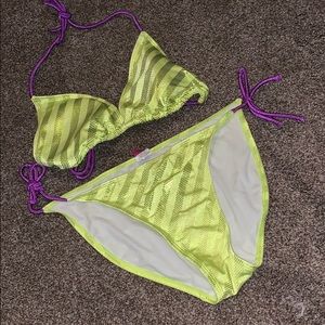 Neon yellow OP bikini with purple ties